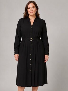 Ann Taylor Stand Collar Belted Midi Shirtdress Black Size 16 NWT